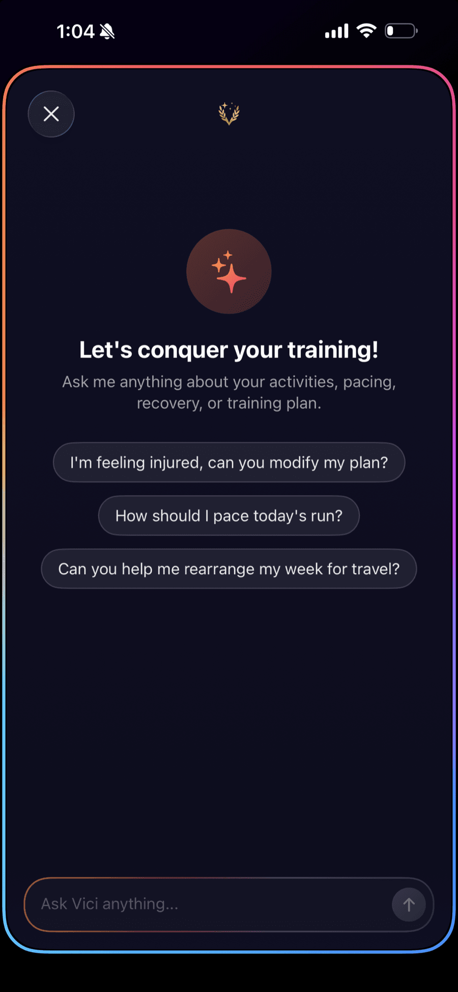 Via AI coach chat with prompts for modifying a plan around injury, pacing a run, and rearranging a week for travel